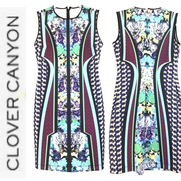 Clover Canyon Graphic Print Elephant and Tigers Neoprene Dress m - Picture 3 of 15